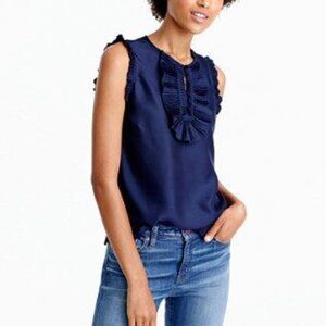 J. Crew Women's Margo Silk Ruffled Sleeveless Blouse, Deep Navy, Size 00